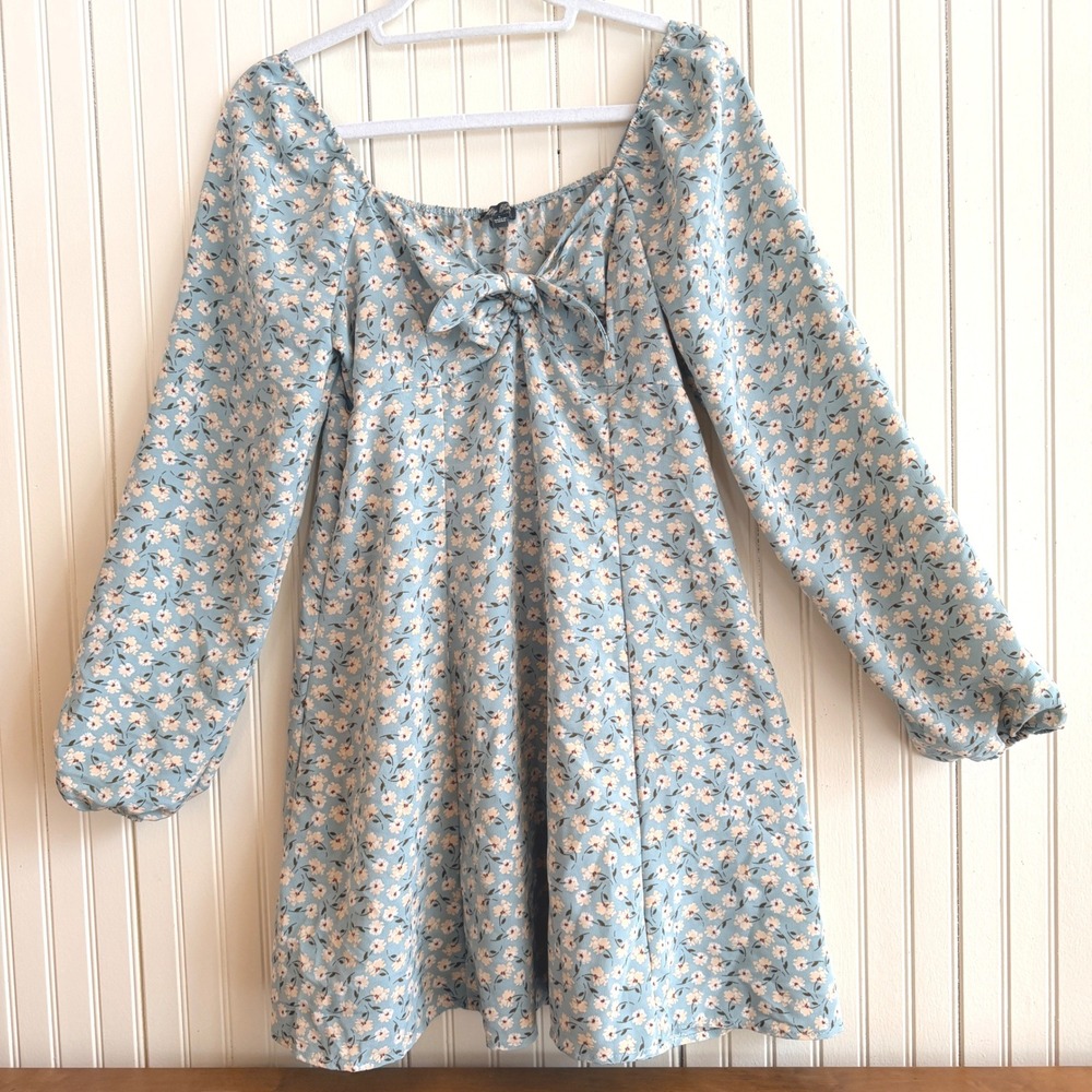 Lily Rose Blue Floral Square Neck Long Sleeve Mini Dress‎ Size L